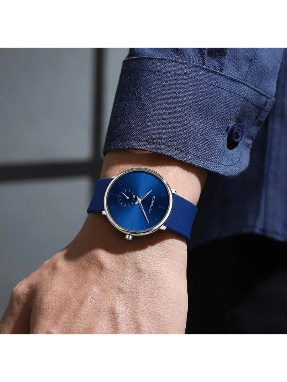 Crrju Me's Blue Silver Modern Waterproof Quartz Unisex Ultra Silicone Band Watch